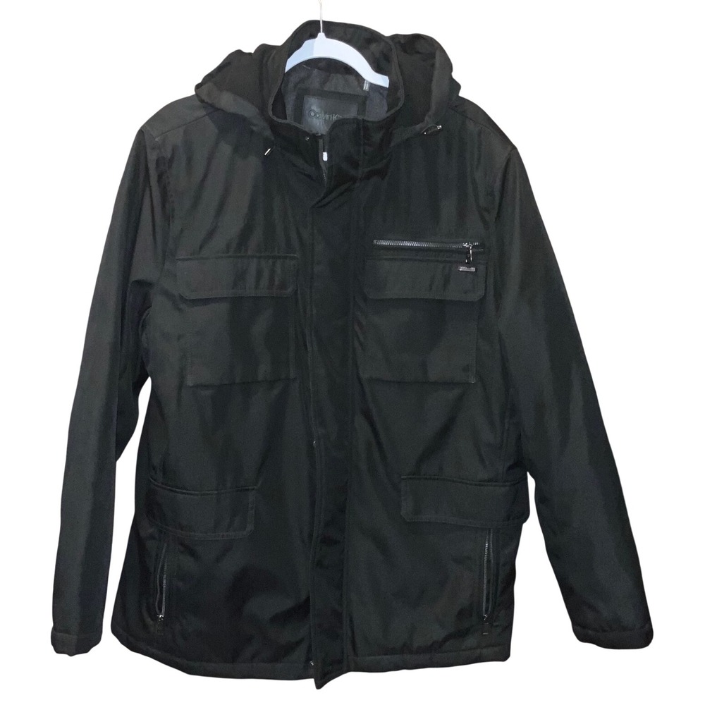 Calvin Klein Mens Black Hooded Field Jacket Utility Multi Pocket Coat Large